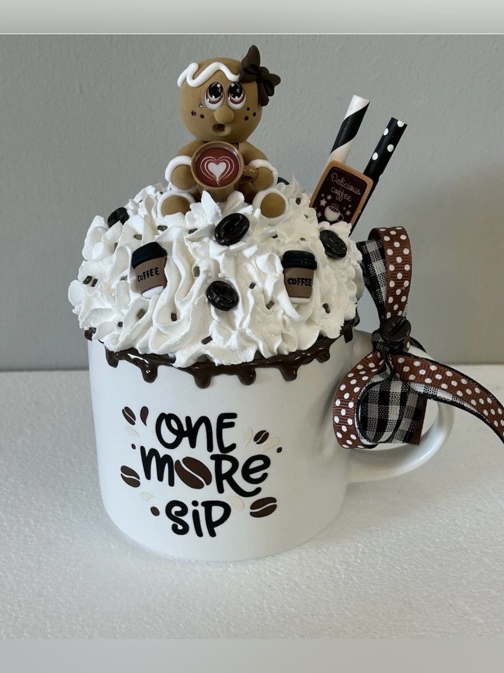 One More Sip Decorative Coffee Mug — Fake Whip Cream Gingerbread Handmade